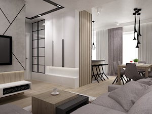dwupoziomowe mieszkanie w zimnych odcieniach drewna i szarościach - Salon, styl nowoczesny - zdjęcie od Grafika i Projekt architektura wnętrz