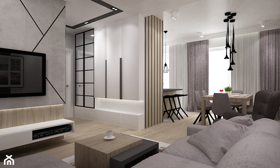 dwupoziomowe mieszkanie w zimnych odcieniach drewna i szarościach - Salon, styl nowoczesny - zdjęcie od Grafika i Projekt architektura wnętrz