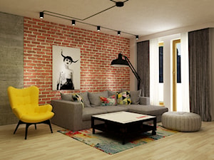 Apartament w Warszawie 90 m2 starzona cegła styl industrialny loft - Salon, styl industrialny - zdjęcie od Grafika i Projekt architektura wnętrz