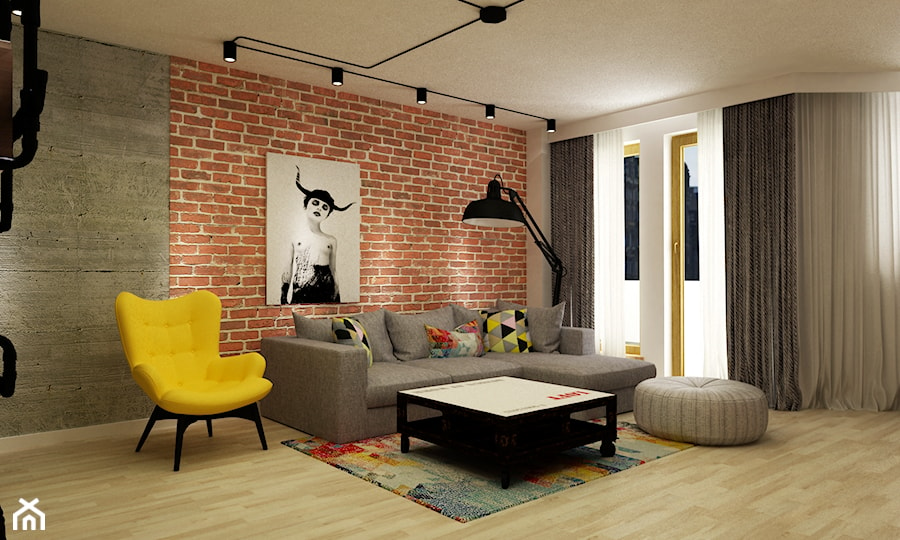 Apartament w Warszawie 90 m2 starzona cegła styl industrialny loft - Salon, styl industrialny - zdjęcie od Grafika i Projekt architektura wnętrz