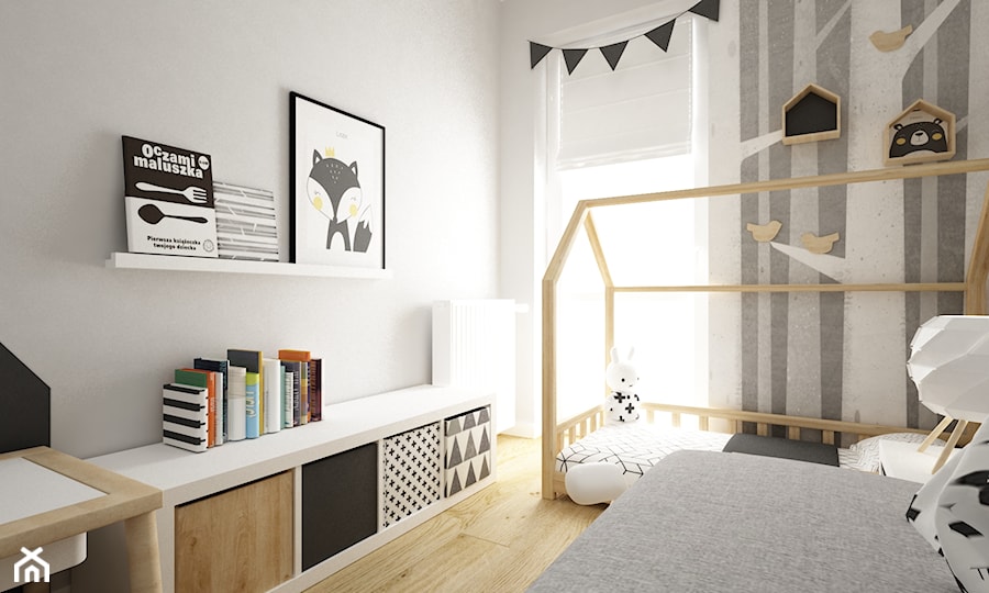 pokój dziecięcy - Mały biały szary pokój dziecka dla dziecka dla chłopca dla dziewczynki dla rodzeństwa, styl skandynawski - zdjęcie od Grafika i Projekt architektura wnętrz