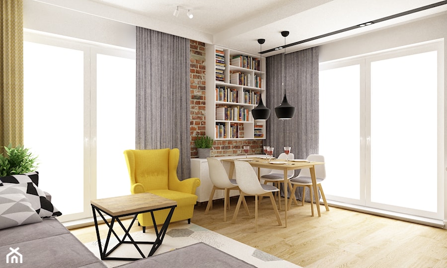 mieszkanie 50m2 w warszawie - Średnia biała jadalnia w salonie, styl skandynawski - zdjęcie od Grafika i Projekt architektura wnętrz