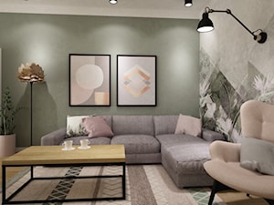mieszkanie 70m2 z dekorem brudnego różu,zieleni i czerni - Średni biały szary zielony salon, styl nowoczesny - zdjęcie od Grafika i Projekt architektura wnętrz