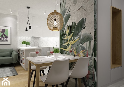 mieszkanie 55m2 szaro zielone - Mała biała zielona jadalnia w salonie w kuchni, styl nowoczesny - zdjęcie od Grafika i Projekt architektura wnętrz