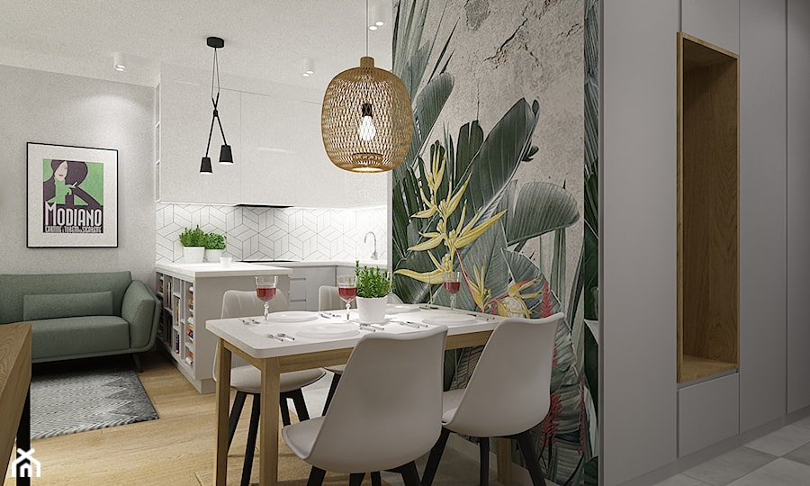 mieszkanie 55m2 szaro zielone - Mała biała zielona jadalnia w salonie w kuchni, styl nowoczesny - zdjęcie od Grafika i Projekt architektura wnętrz