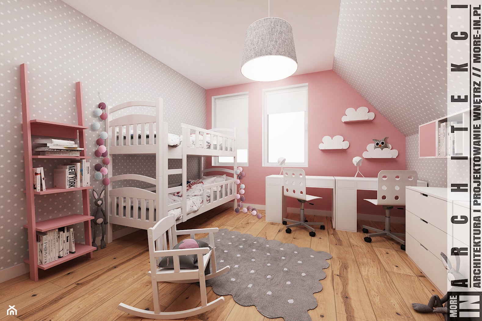 Ruda śląska - zabudowa szeregowa - Średni różowy szary pokój dziecka dla dziecka dla dziewczynki dla ... - zdjęcie od More-IN Architekci - Homebook