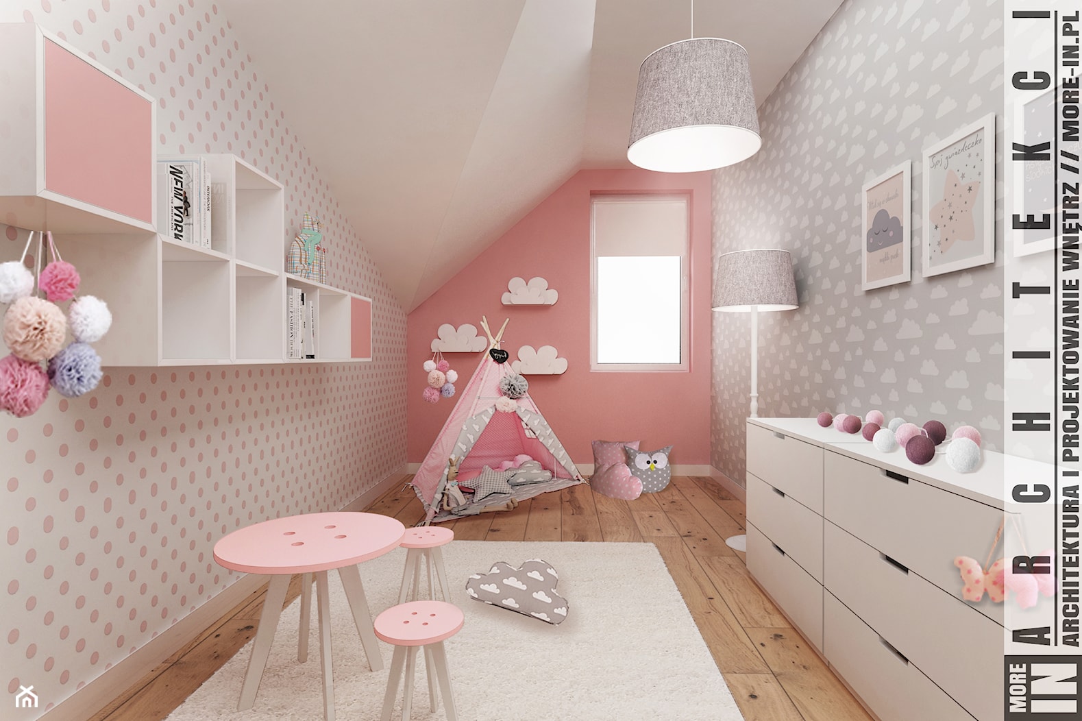 Ruda śląska - zabudowa szeregowa - Średni biały różowy szary pokój dziecka dla dziecka dla dziewczyn ... - zdjęcie od More-IN Architekci - Homebook