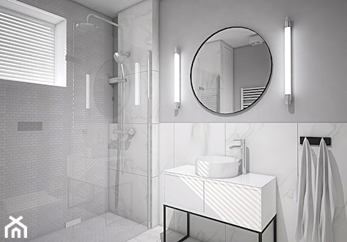 Projekt wnętrz w "kostce" - Mała z lustrem z punktowym oświetleniem łazienka z oknem, styl nowoczesny - zdjęcie od Antracyt