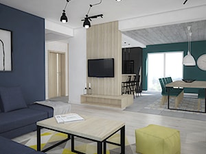 Kolor w domu - Średni biały niebieski salon z kuchnią z jadalnią, styl skandynawski - zdjęcie od Antracyt