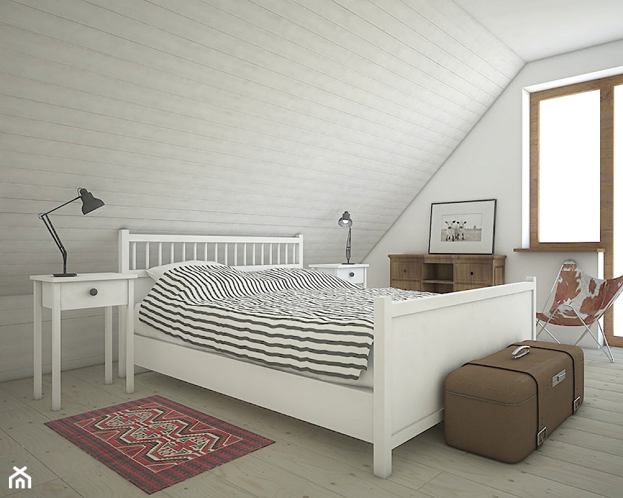 Dom na Mazurach - Mała biała szara sypialnia na poddaszu z balkonem / tarasem, styl skandynawski - zdjęcie od Antracyt