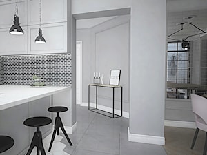 Projekt wnętrz w "kostce" - Średnia otwarta z kamiennym blatem szara z zabudowaną lodówką kuchnia w kształcie litery l z oknem, styl nowoczesny - zdjęcie od Antracyt