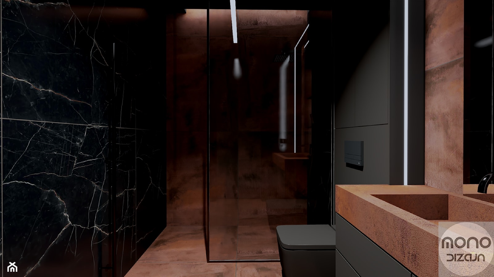 Ciemna łazienka bez okna - czarny marmur + rdza - zdjęcie od MONOdizajn Architektura i Wnętrza - Homebook