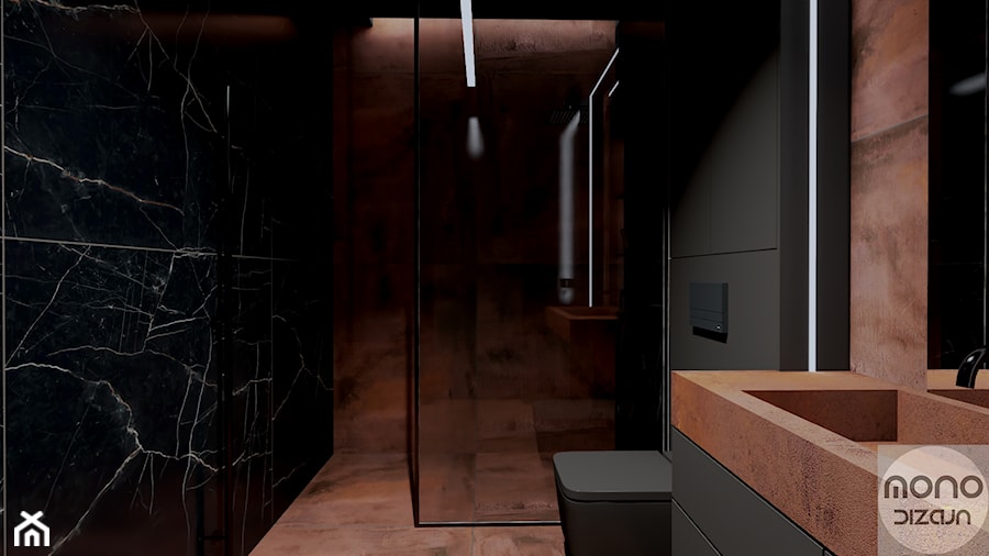Ciemna łazienka bez okna - czarny marmur + rdza - zdjęcie od MONOdizajn Architektura i Wnętrza