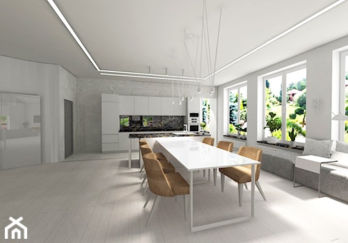 Białe wnętrze - Średnia z salonem szara z zabudowaną lodówką kuchnia jednorzędowa z wyspą lub półwyspem z oknem, styl minimalistyczny - zdjęcie od MONOdizajn Architektura i Wnętrza