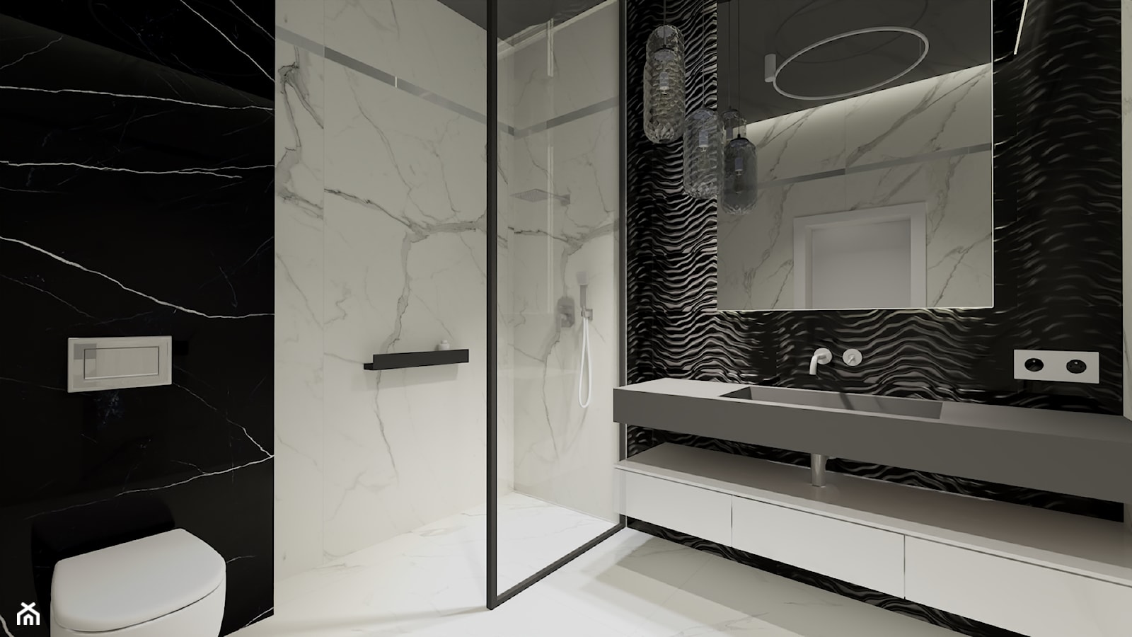 Nowoczesna, elegancka łazienka czarno biała - zdjęcie od MONOdizajn Architektura i Wnętrza - Homebook