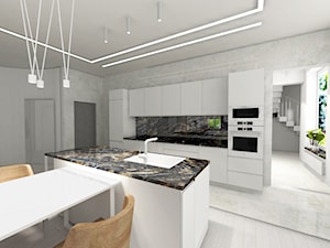Białe wnętrze - Średnia otwarta szara z zabudowaną lodówką z nablatowym zlewozmywakiem kuchnia dwurzędowa z oknem z marmurem nad blatem kuchennym, styl minimalistyczny - zdjęcie od MONOdizajn Architektura i Wnętrza