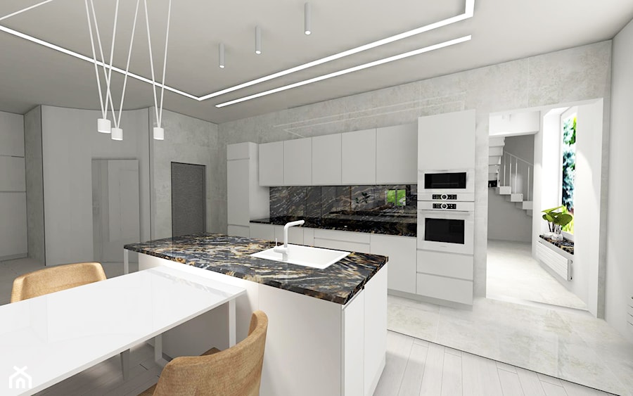 Białe wnętrze - Średnia otwarta szara z zabudowaną lodówką z nablatowym zlewozmywakiem kuchnia dwurzędowa z oknem z marmurem nad blatem kuchennym, styl minimalistyczny - zdjęcie od MONOdizajn Architektura i Wnętrza