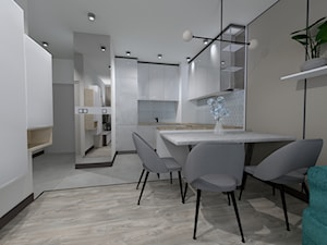 Mieszkanie 39 m2 - Średnia z salonem z zabudowaną lodówką z podblatowym zlewozmywakiem kuchnia w kształcie litery u z wyspą lub półwyspem, styl nowoczesny - zdjęcie od MONOdizajn Architektura i Wnętrza