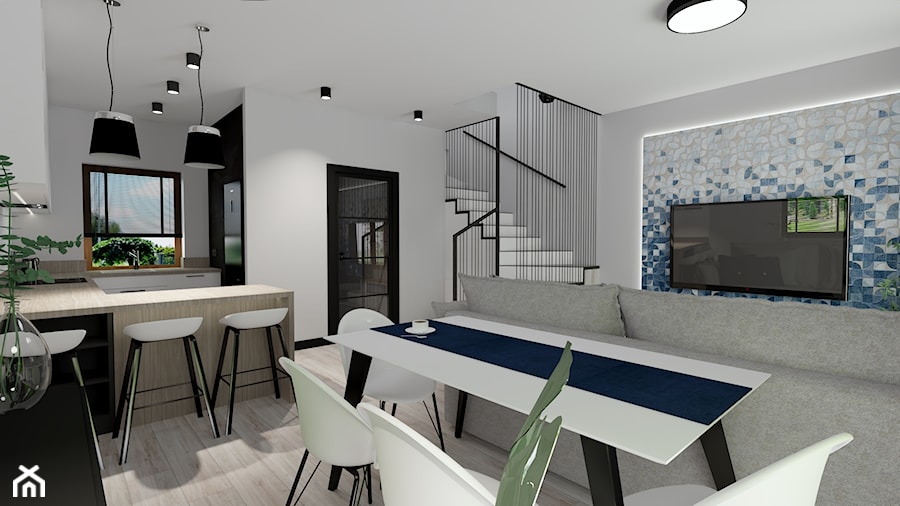 Nowoczesny salon z elementami soft loft + granat - zdjęcie od MONOdizajn Architektura i Wnętrza
