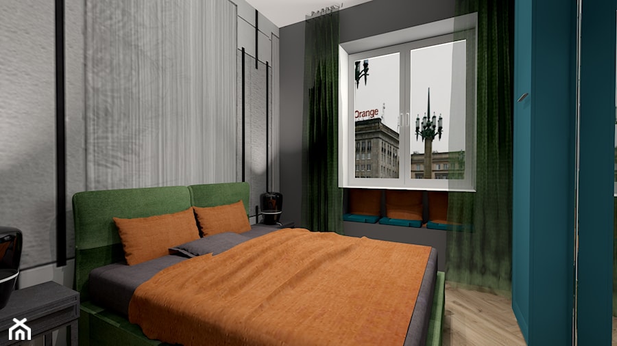 Kawalerka w kamienicy - Średnia czarna szara sypialnia, styl glamour - zdjęcie od MONOdizajn Architektura i Wnętrza