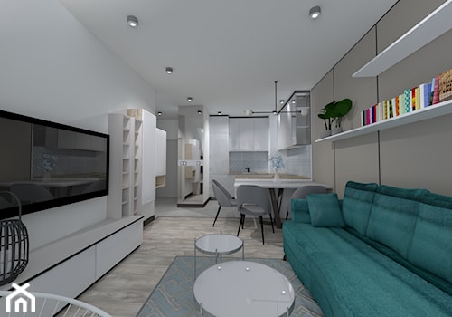 Mieszkanie 39 m2 - Mały szary salon z kuchnią z jadalnią, styl nowoczesny - zdjęcie od MONOdizajn Architektura i Wnętrza