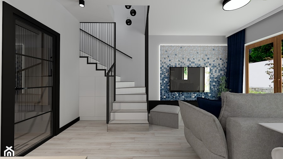 Nowoczesny salon z elementami soft loft + granat - zdjęcie od MONOdizajn Architektura i Wnętrza