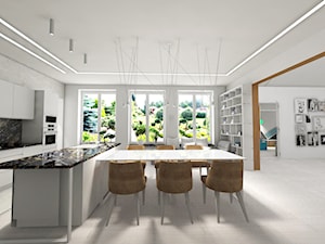Białe wnętrze - Duża otwarta biała z zabudowaną lodówką kuchnia jednorzędowa z wyspą lub półwyspem z oknem - zdjęcie od MONOdizajn Architektura i Wnętrza