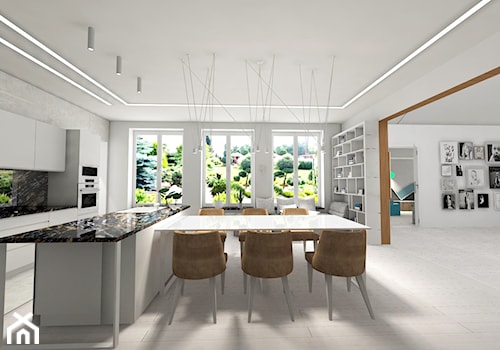 Białe wnętrze - Duża otwarta biała z zabudowaną lodówką kuchnia jednorzędowa z wyspą lub półwyspem z oknem - zdjęcie od MONOdizajn Architektura i Wnętrza