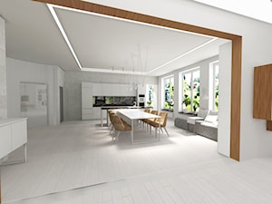 Białe wnętrze - Średnia otwarta biała szara z zabudowaną lodówką z nablatowym zlewozmywakiem kuchnia jednorzędowa z oknem z marmurem nad blatem kuchennym, styl minimalistyczny - zdjęcie od MONOdizajn Architektura i Wnętrza
