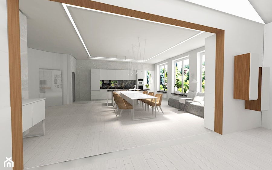 Białe wnętrze - Średnia otwarta biała szara z zabudowaną lodówką z nablatowym zlewozmywakiem kuchnia jednorzędowa z oknem z marmurem nad blatem kuchennym, styl minimalistyczny - zdjęcie od MONOdizajn Architektura i Wnętrza