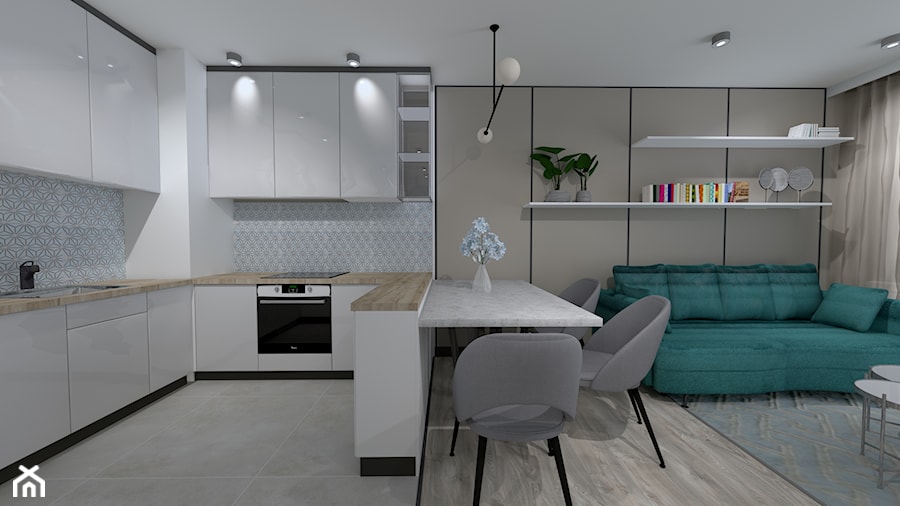 Mieszkanie 39 m2 - Mały szary salon z kuchnią z jadalnią, styl nowoczesny - zdjęcie od MONOdizajn Architektura i Wnętrza