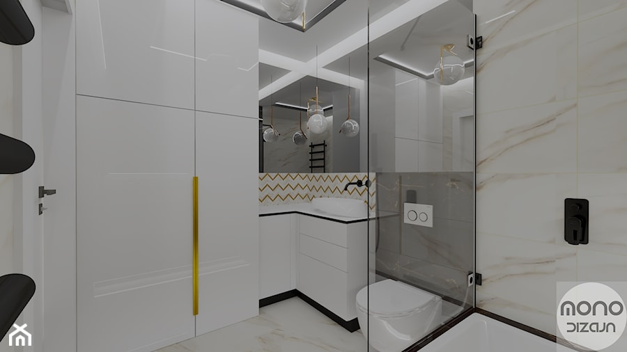 Czarno biała, elegancka łazienka + złoto - zdjęcie od MONOdizajn Architektura i Wnętrza