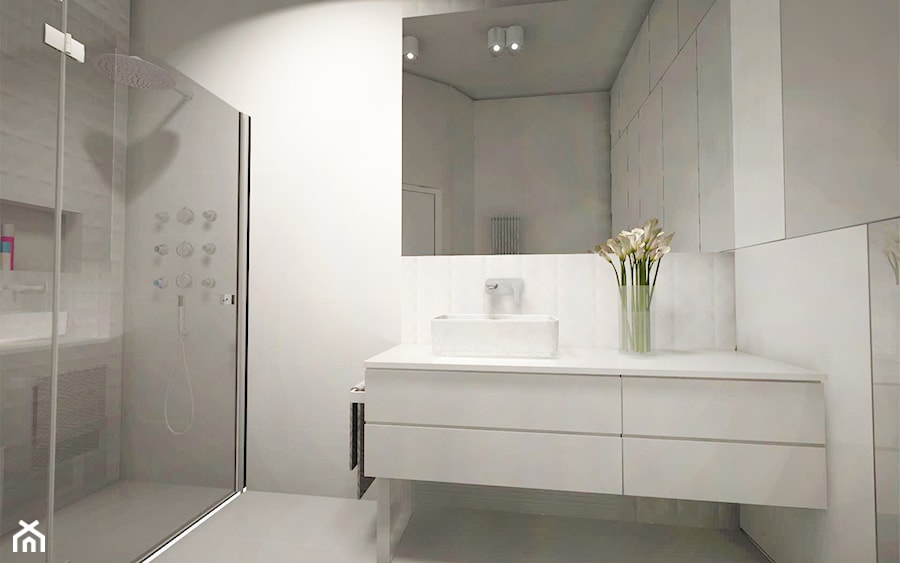 Białe wnętrze - Średnia bez okna z lustrem z punktowym oświetleniem łazienka, styl minimalistyczny - zdjęcie od MONOdizajn Architektura i Wnętrza