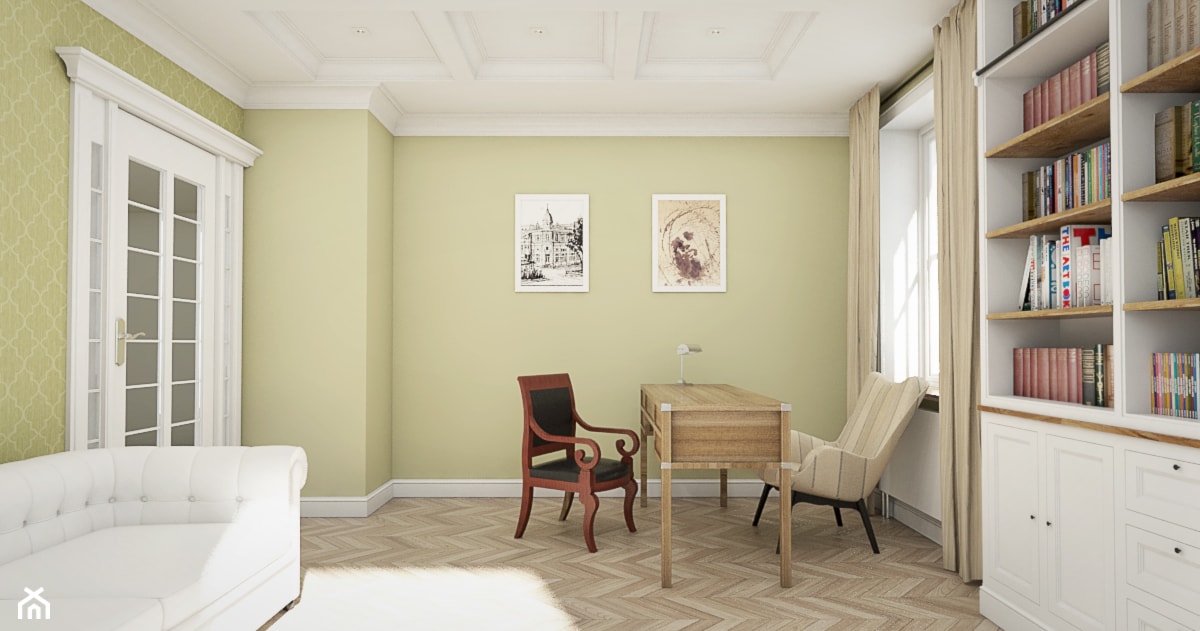 Dom pod Warszawą - "New York Style" - Duże w osobnym pomieszczeniu z sofą zielone biuro, styl tradycyjny - zdjęcie od noomo studio architektury - Homebook