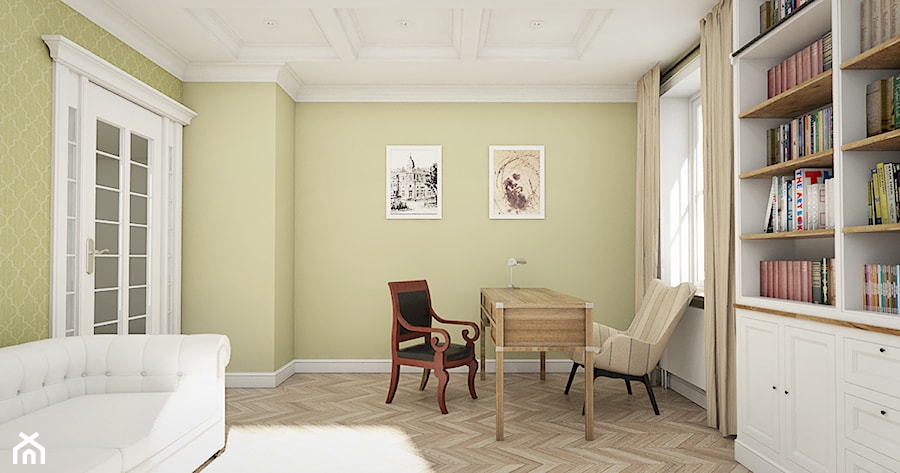 Dom pod Warszawą - "New York Style" - Duże w osobnym pomieszczeniu z sofą zielone biuro, styl tradycyjny - zdjęcie od noomo studio architektury