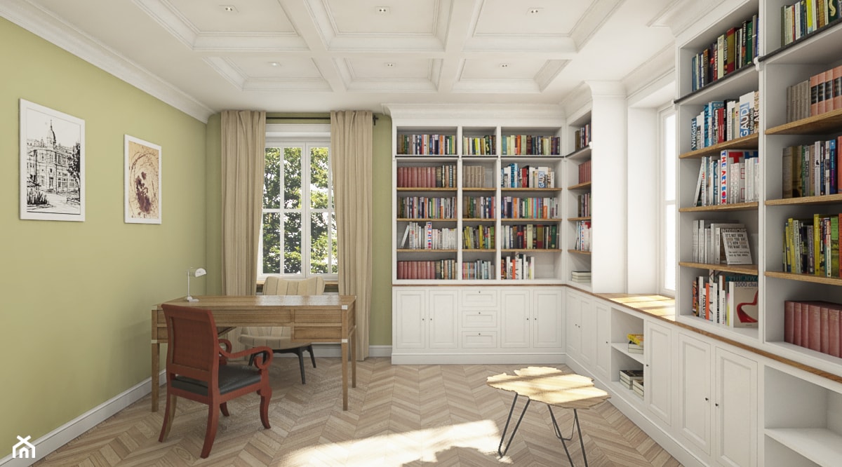 Dom pod Warszawą - "New York Style" - Duże w osobnym pomieszczeniu białe zielone biuro, styl tradycyjny - zdjęcie od noomo studio architektury - Homebook
