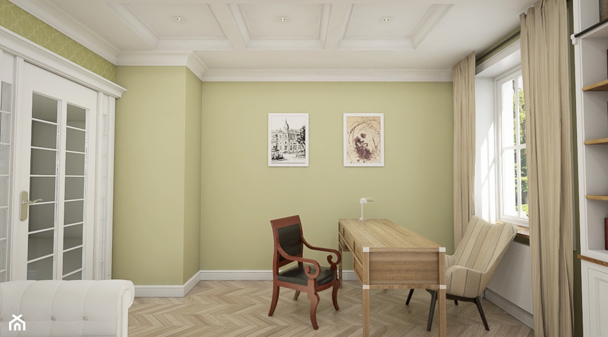 Dom pod Warszawą - "New York Style" - Duże w osobnym pomieszczeniu z sofą żółte biuro, styl tradycyjny - zdjęcie od noomo studio architektury - Homebook