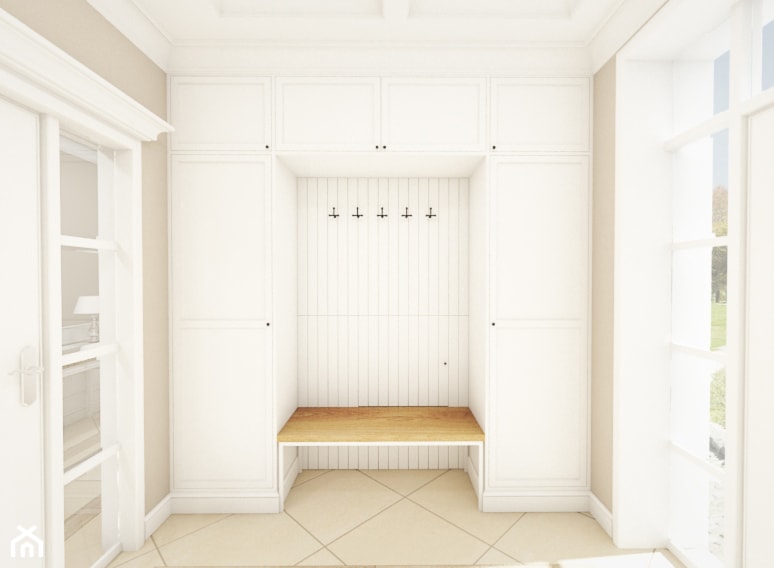 Dom pod Warszawą - "New York Style" - Średni z wieszakiem beżowy biały hol / przedpokój, styl tradycyjny - zdjęcie od noomo studio architektury