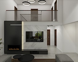 Dom pod Łodzią - Średni biały czarny salon z antresolą, styl nowoczesny - zdjęcie od KINGA KIRKICKA Architektura Wnętrz - Homebook