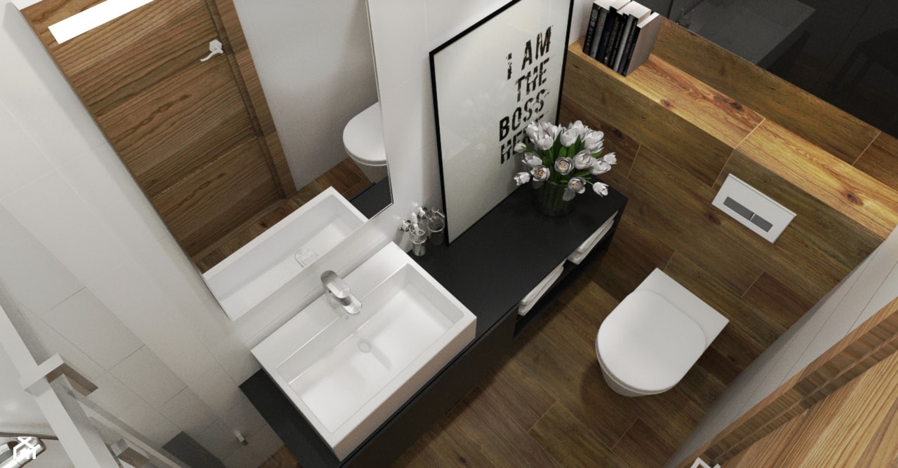 małą łazienka w stylu nowoczesnym, płytki o fakturze drewna, białe płytki, czarny blat podumywalkowy