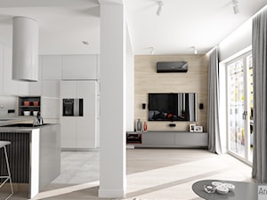 Projekt mieszkania w stylu nowoczesnym M01_2018 Świdnica - Średni biały salon z kuchnią z jadalnią z tarasem / balkonem, styl minimalistyczny - zdjęcie od Aretzky Design