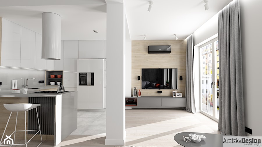 Projekt mieszkania w stylu nowoczesnym M01_2018 Świdnica - Średni biały salon z kuchnią z jadalnią z tarasem / balkonem, styl minimalistyczny - zdjęcie od Aretzky Design