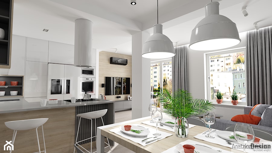 Projekt mieszkania w stylu nowoczesnym M01_2018 Świdnica - Mały biały salon z kuchnią z jadalnią z tarasem / balkonem, styl minimalistyczny - zdjęcie od Aretzky Design