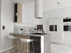 Projekt mieszkania w stylu nowoczesnym M01_2018 Świdnica - Średnia z salonem biała szara z zabudowaną lodówką z podblatowym zlewozmywakiem kuchnia w kształcie litery u z wyspą lub półwyspem, styl minimalistyczny - zdjęcie od Aretzky Design