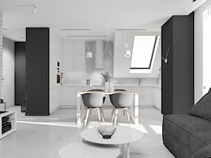Projekt minimalistycznego salonu D02_2019 Jaworzno - Średni czarny szary salon z kuchnią z jadalnią, styl minimalistyczny - zdjęcie od Aretzky Design