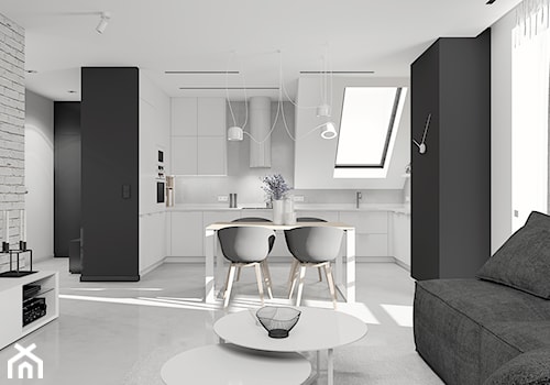 Projekt minimalistycznego salonu D02_2019 Jaworzno - Średni czarny szary salon z kuchnią z jadalnią, styl minimalistyczny - zdjęcie od Aretzky Design