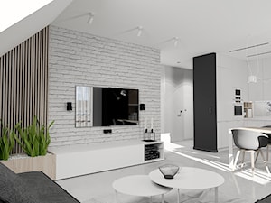 Projekt minimalistycznego salonu D02_2019 Jaworzno - Średni szary salon z kuchnią z jadalnią, styl minimalistyczny - zdjęcie od Aretzky Design