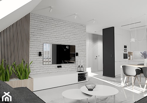 Projekt minimalistycznego salonu D02_2019 Jaworzno - Średni szary salon z kuchnią z jadalnią, styl minimalistyczny - zdjęcie od Aretzky Design