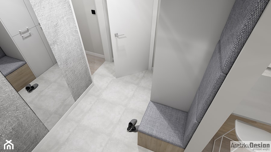 Projekt mieszkania w stylu nowoczesnym M01_2018 Świdnica - Mały biały hol / przedpokój, styl minimalistyczny - zdjęcie od Aretzky Design