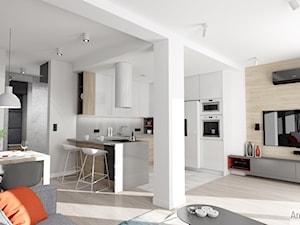 Projekt mieszkania w stylu nowoczesnym M01_2018 Świdnica - Średni szary salon z kuchnią z jadalnią, styl minimalistyczny - zdjęcie od Aretzky Design